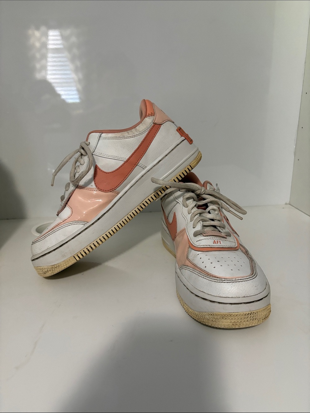 Nike Air Force 1’s Women’s Low-Top Sneakers White & Coral Pink Swoosh